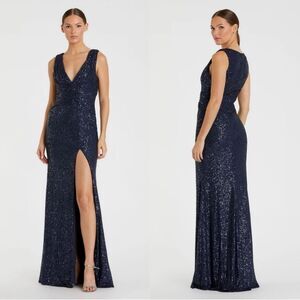 Mac Duggal 26598 V Neck Sequin Wrap Waist Gown Navy Midnight Blue NEW